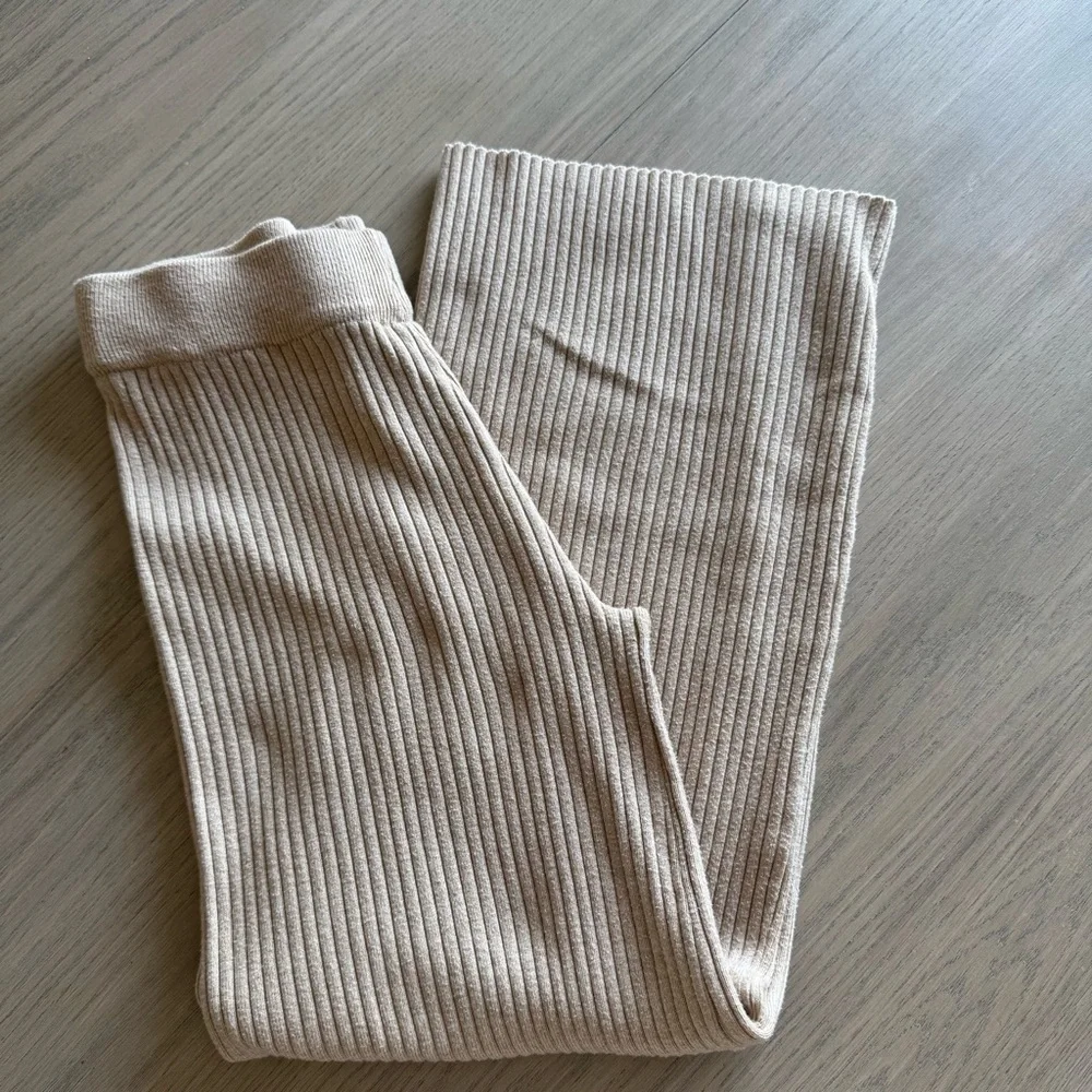 Shein High Waist Flare Leg Khaki Knit Pants Beige Ribbed size S - Picture 8 of 10